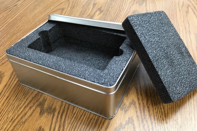 Custom foam box insert for tin, 2.2 PE black foam, for promotional product packaging