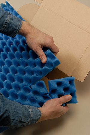 EzeeTear convoluted foam liners in blue. Tear apart pre-scored egg-crate foam box liners, ready to ship in 16