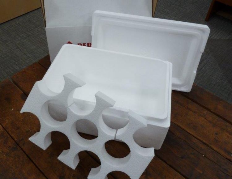 Custom EPS die cut foam inserts secure glass bottles in molded coolers