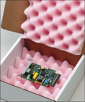 Anti-static foam box for shipping electronics and other shock-sensitive items. Pink convoluted foam-lined white corrugated box with foam insert in multiple sizes. For circuit boards, mother boards, hard drives.
